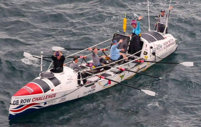 Team Ithaca's rowing boat on the ocean on their way round Great Britain
