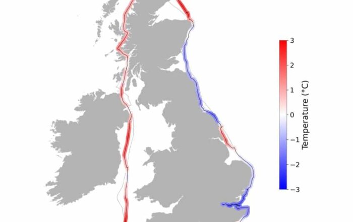 A map of Great Britain showing sea surface temperature differences