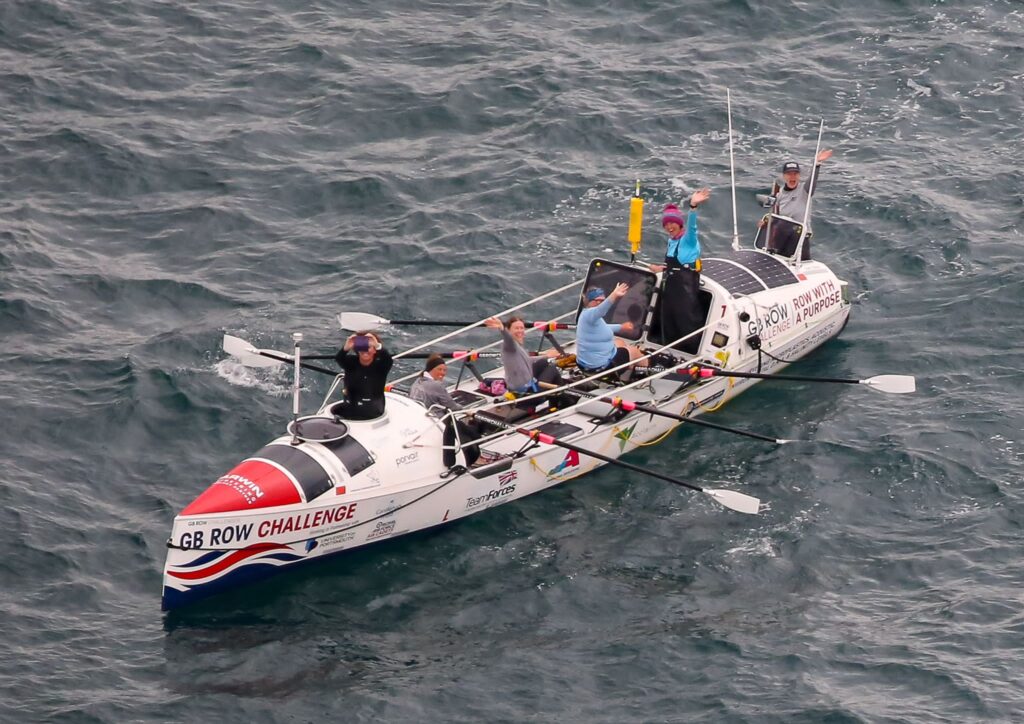 Team Ithaca on the ocean during their row around Great Britain